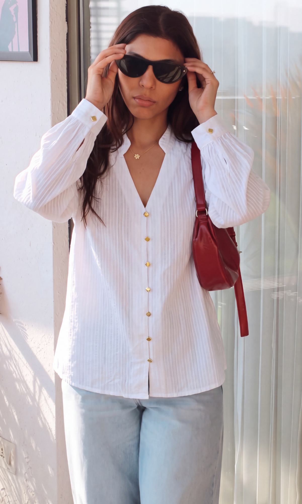 Ivory Weave Stripe Gathered-Collar Bishop Sleeve Shirt