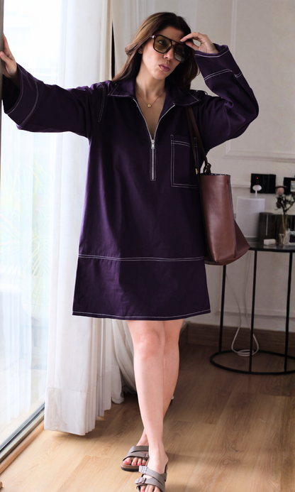 Plum Contrast-Stitch Zip Tunic Dress