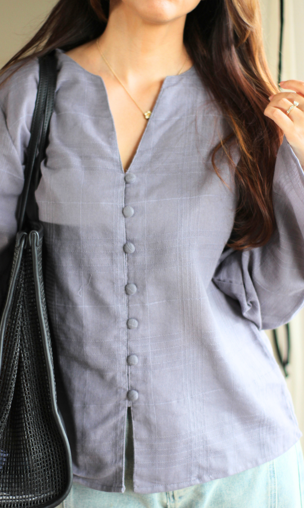 Dobby V-Neck Buttoned Blouse