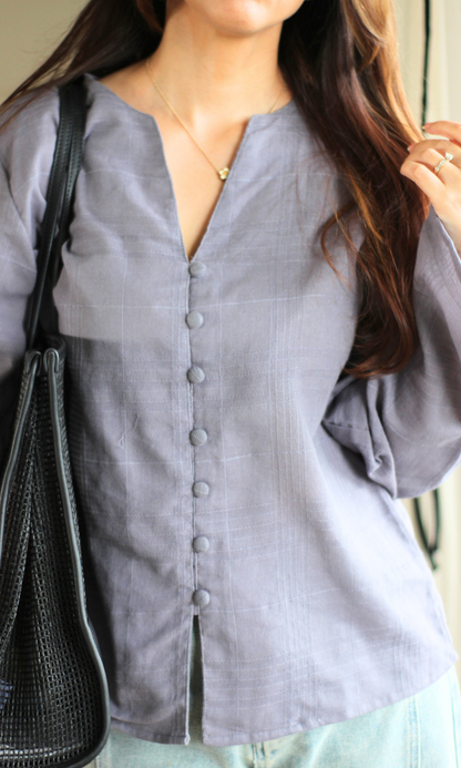 Dobby V-Neck Buttoned Blouse