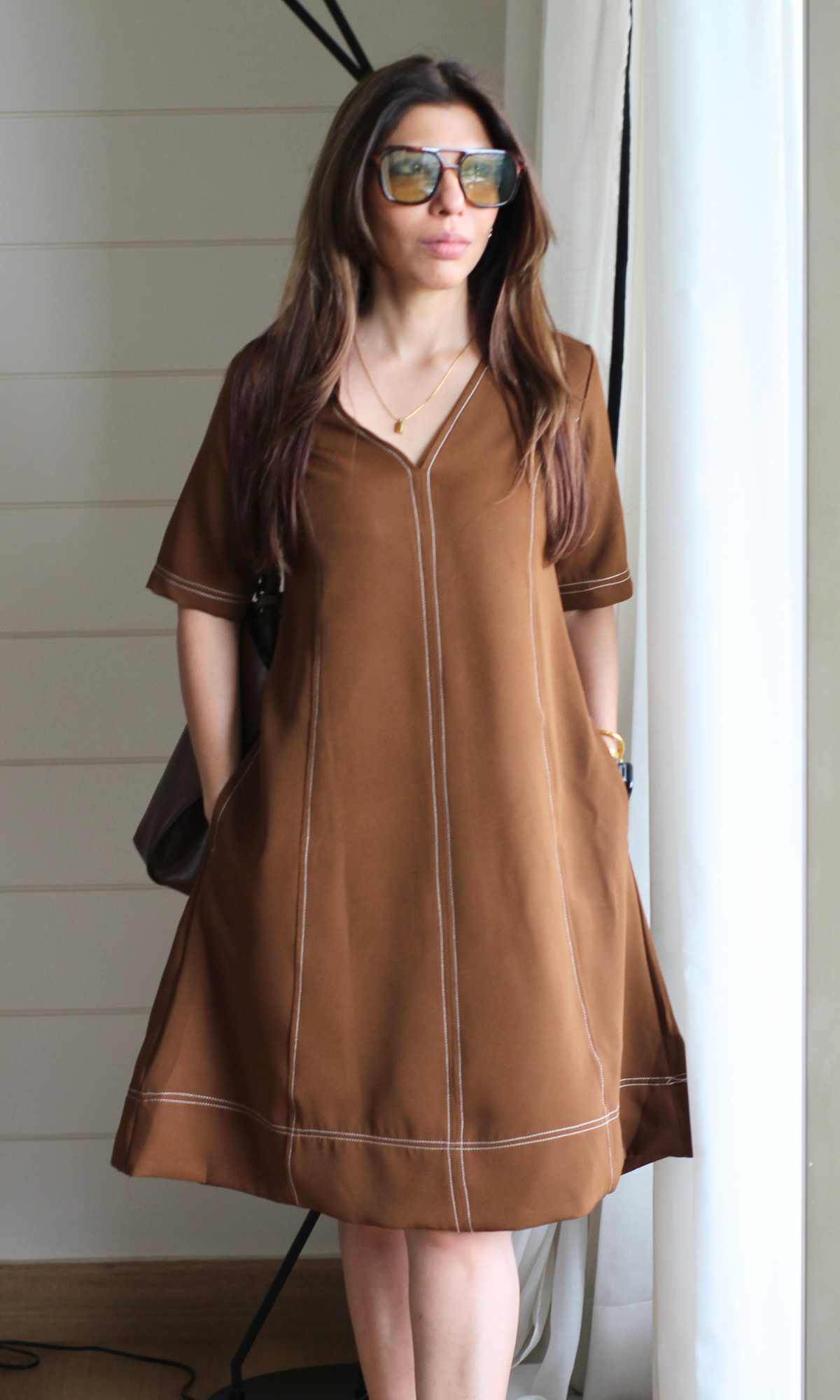 Mocha Brown Contrast Stitch Dress