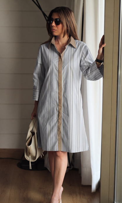 Camel Contrast-Placket Dress