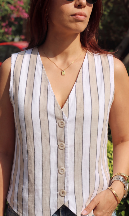 White-Beige Linear Cotton Waistcoat