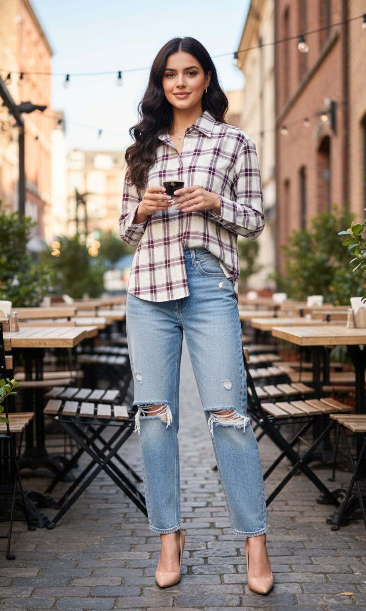 Ivory Plum Grid Checked Shirt