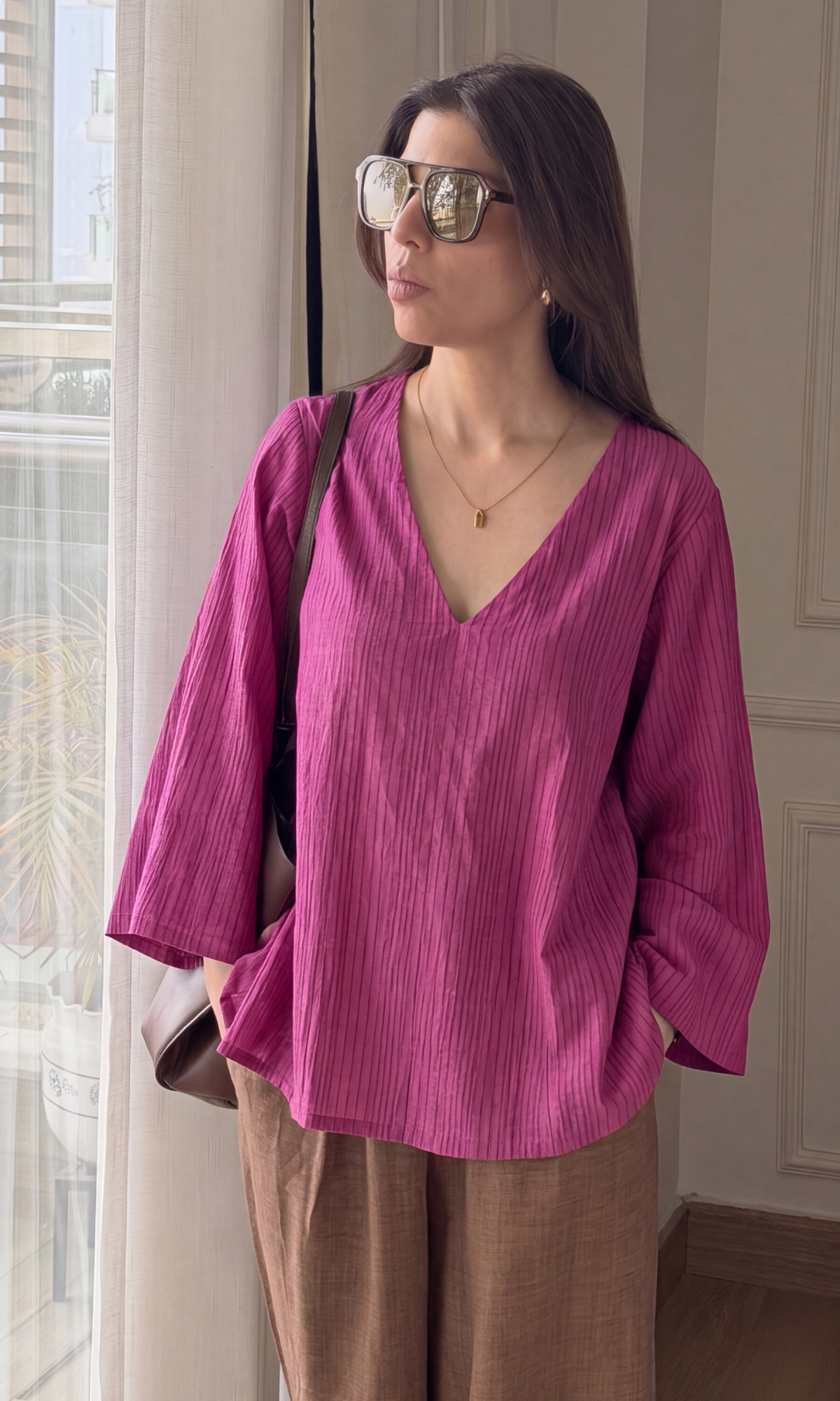 Fuchsia V-Neck Peplum Top