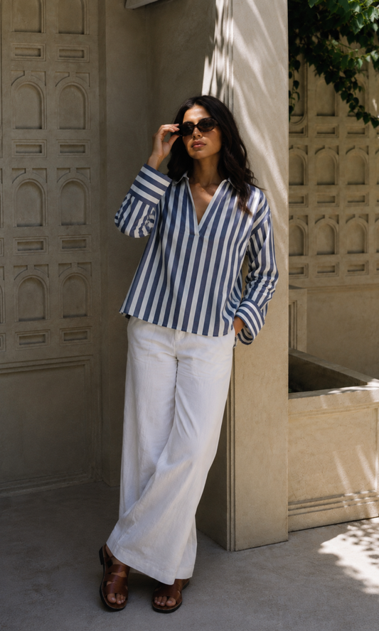 Navy Striped  Open-Collar Top