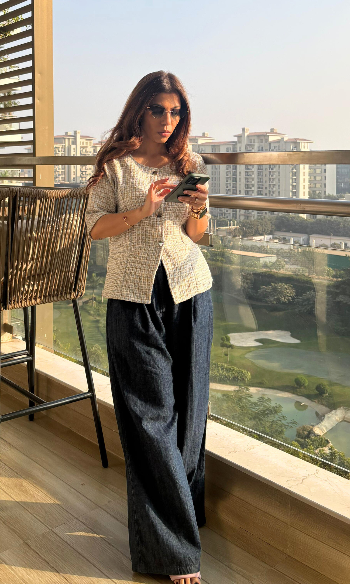 Blue-Beige Tweed Round Neck Waist Coat