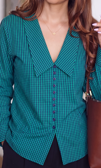 Green Blue Gingham Check Oversized Collar Shirt