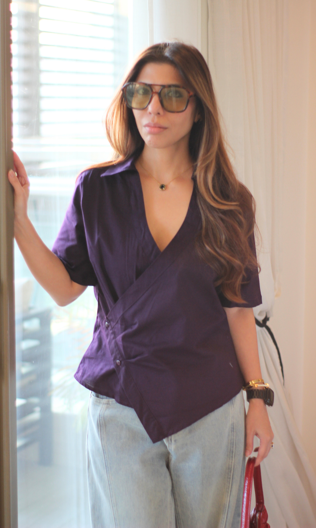 Muted Plum Short-Sleeved Wrap Shirt