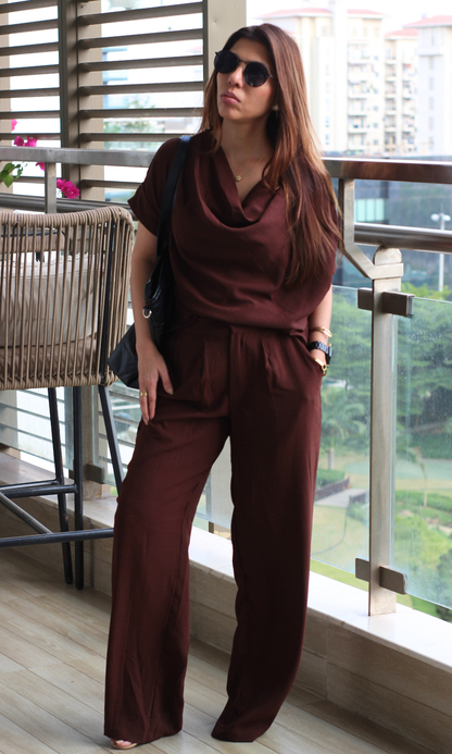Brown Cowl Neck Top and Pants Co-ord