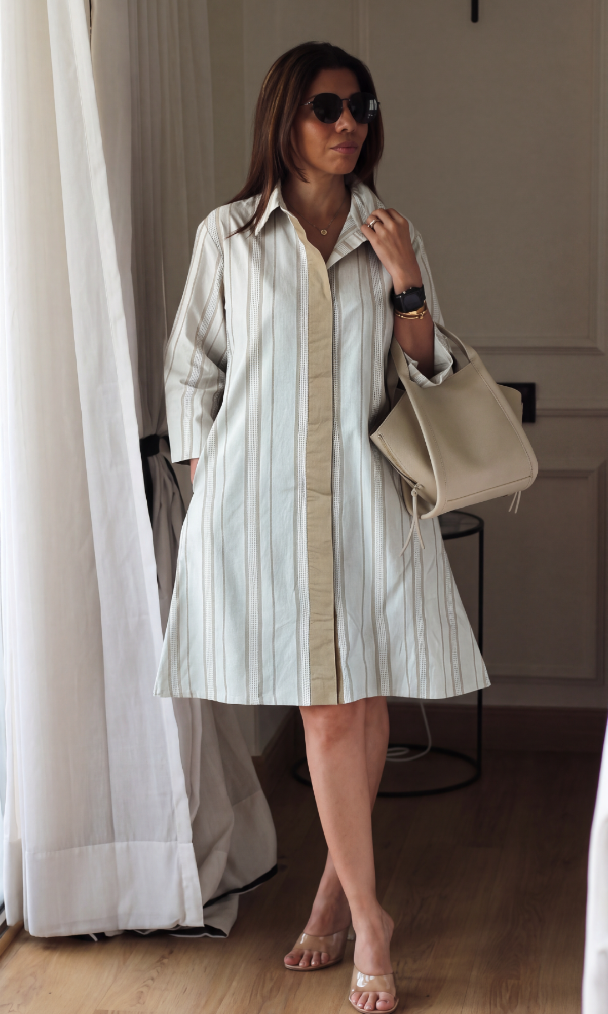 Camel Contrast-Placket Dress