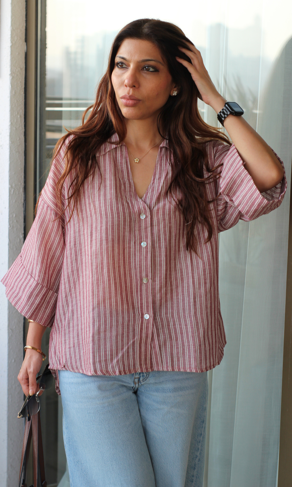 Sea Pink Linear Loose Shirt