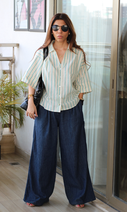 Turquoise Line Stripe Loose Shirt