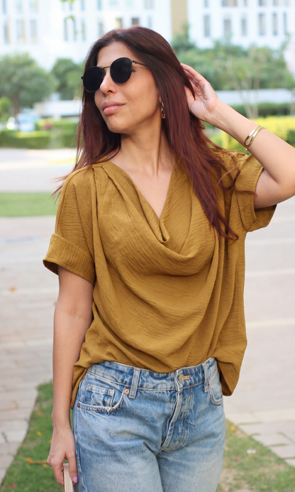 Mustard Olive Flowing Cowl Neck Top