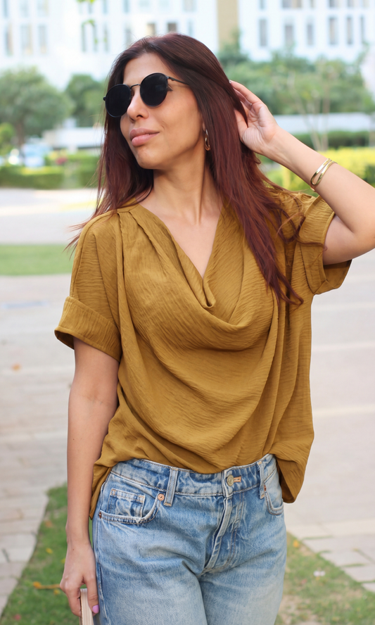 Mustard Olive Flowing Cowl Neck Top