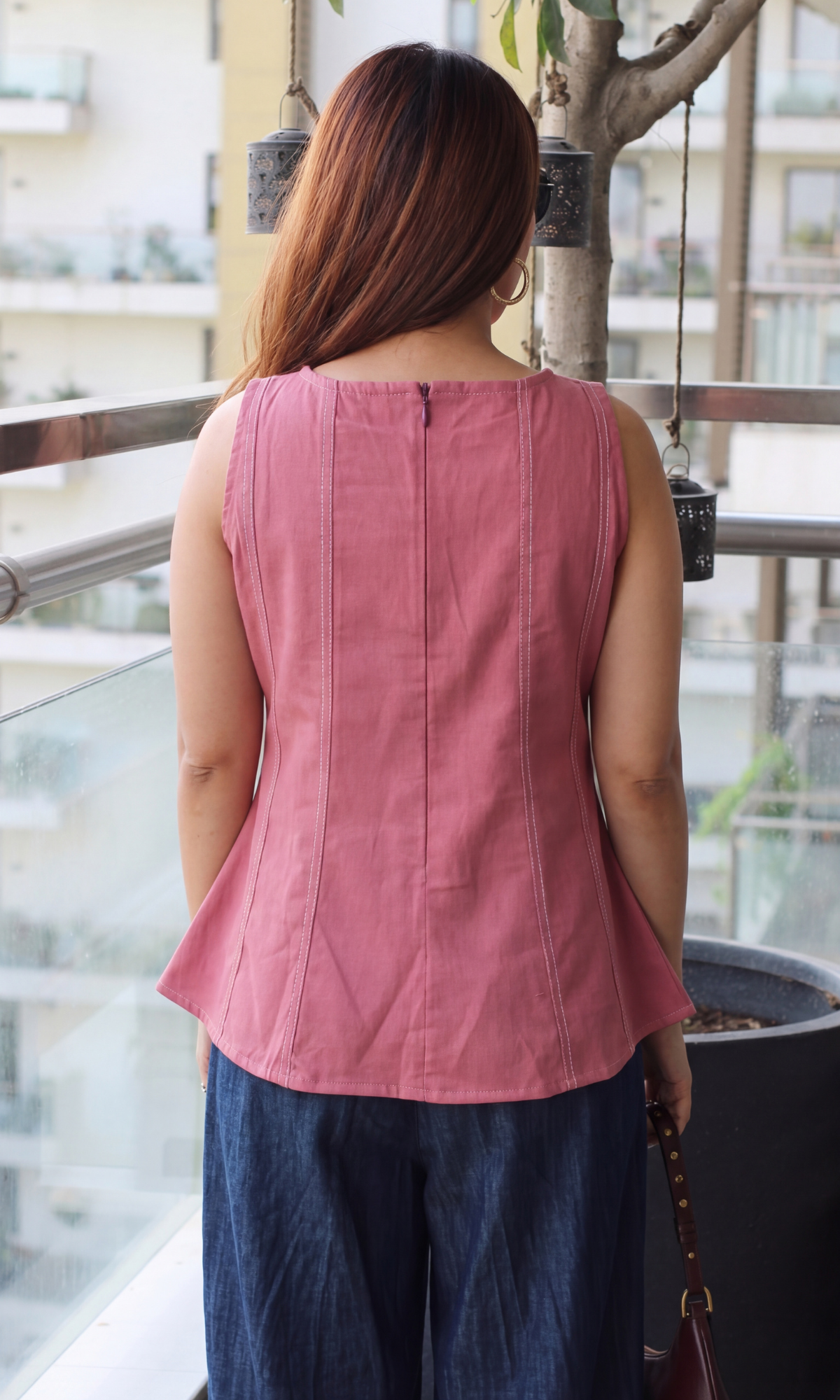 Salmon Denim Cotton Flared Top