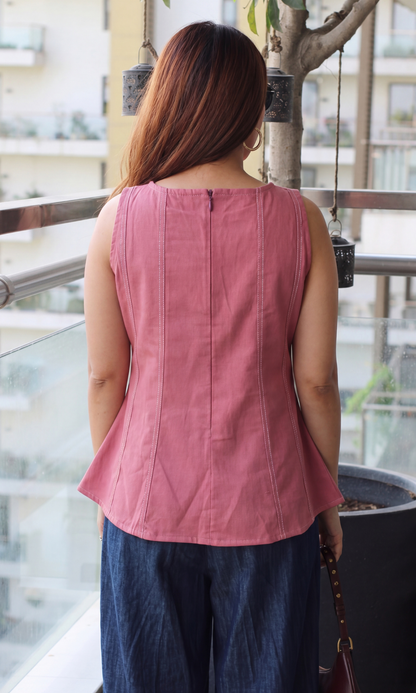 Salmon Denim Cotton Flared Top