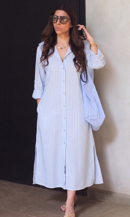 Steel Blue Stripe Collar Shirt Dress