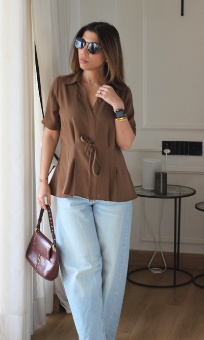 Toffee Brown Tie Detail Top