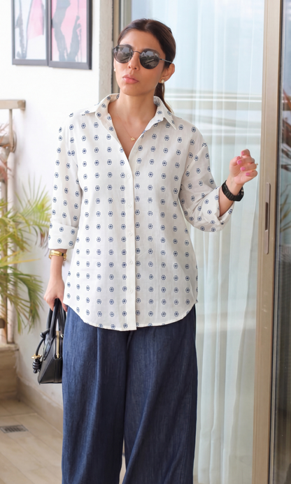 Ivory & Navy Cotton Weave Oversize Shirt