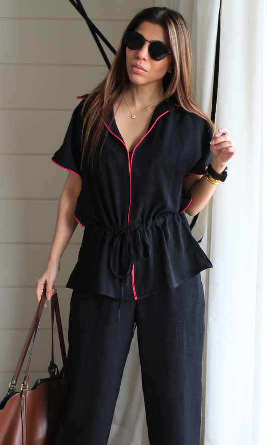 Black Contrast-Piped Tie-Waist Shirt Co-ord