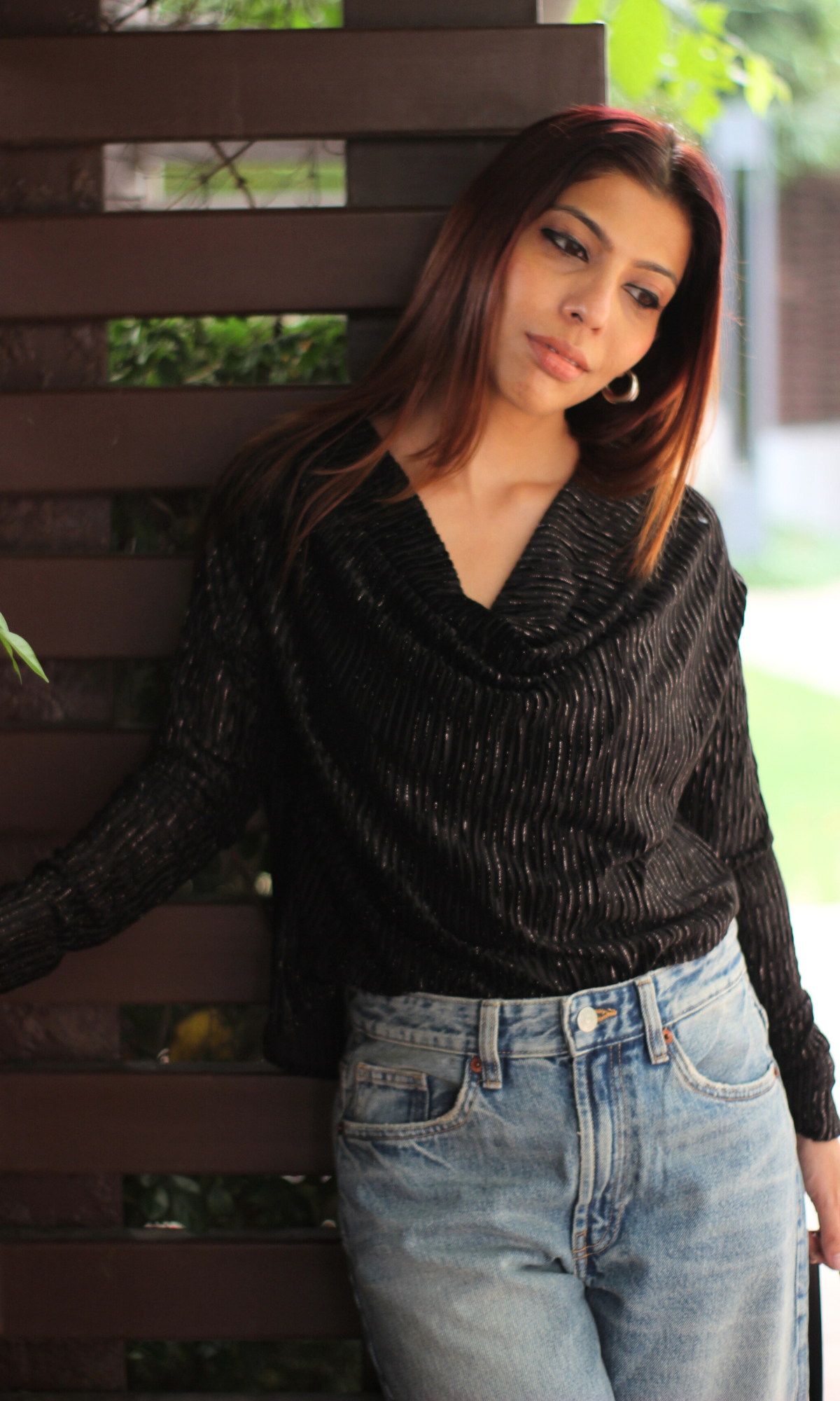 Black Pleated Full Sleeve Cowl Neck Top