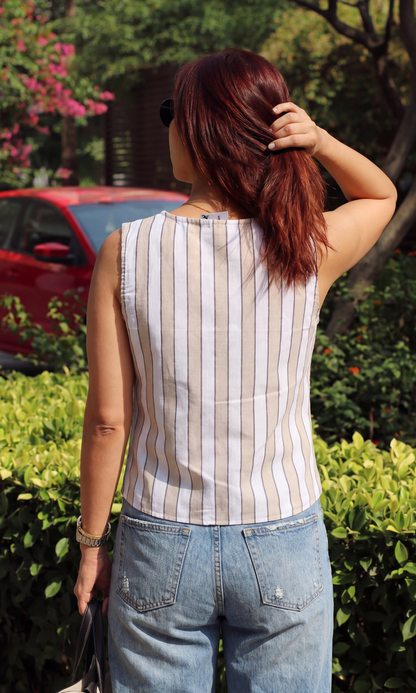 White-Beige Linear Cotton Waistcoat