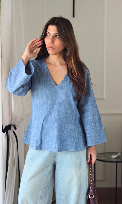 Blue Chambray V-Neck Peplum Top