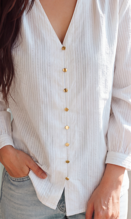 Ivory Weave Stripe Gathered-Collar Bishop Sleeve Shirt