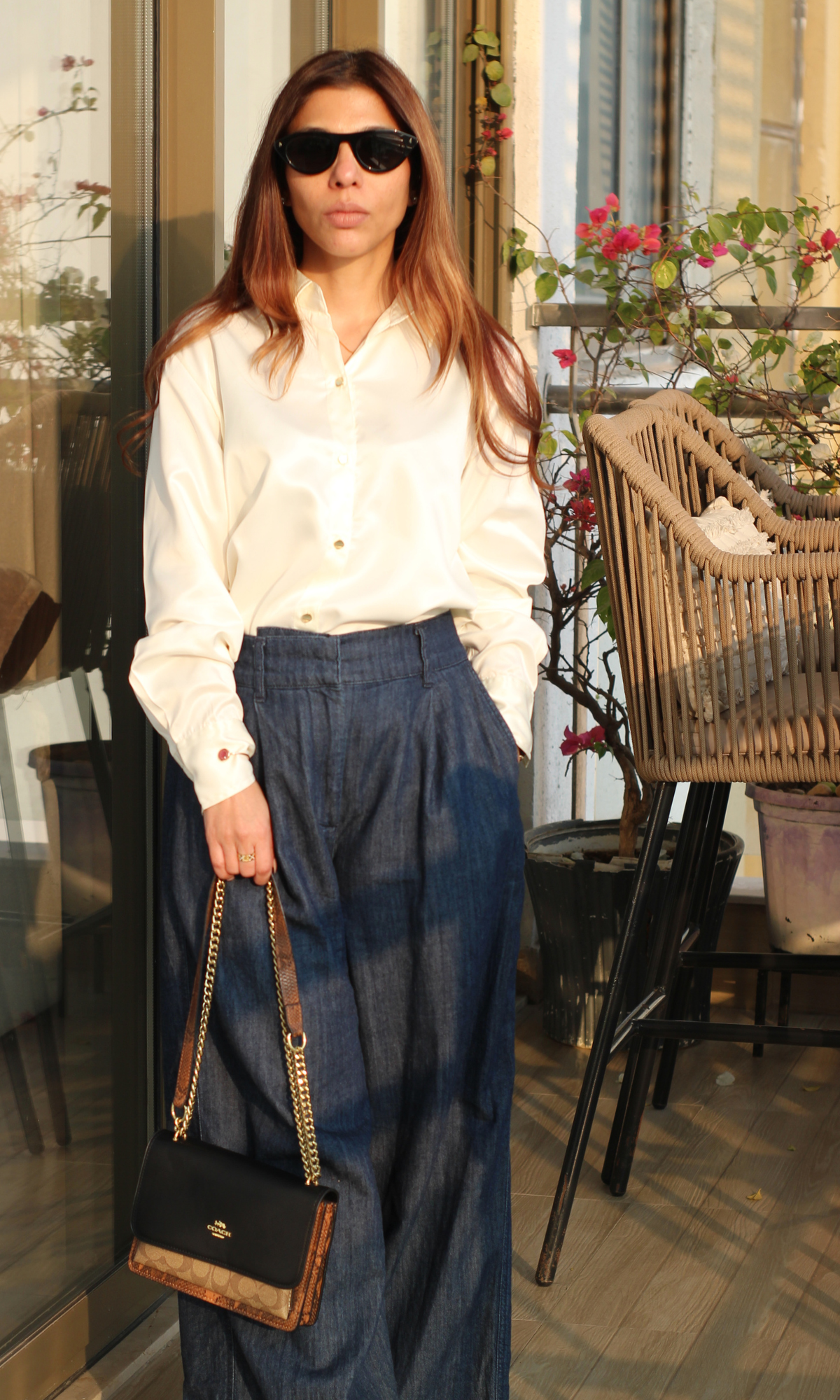 Cream Satin Metallic Buttoned Shirt