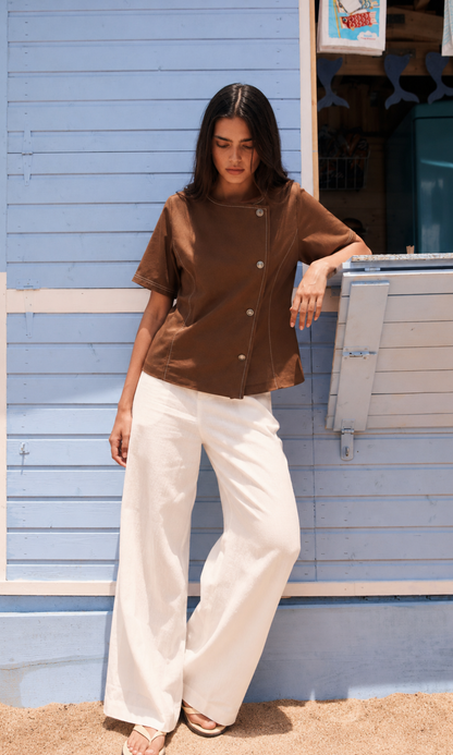 Brown Denim Contrast Stitch Top