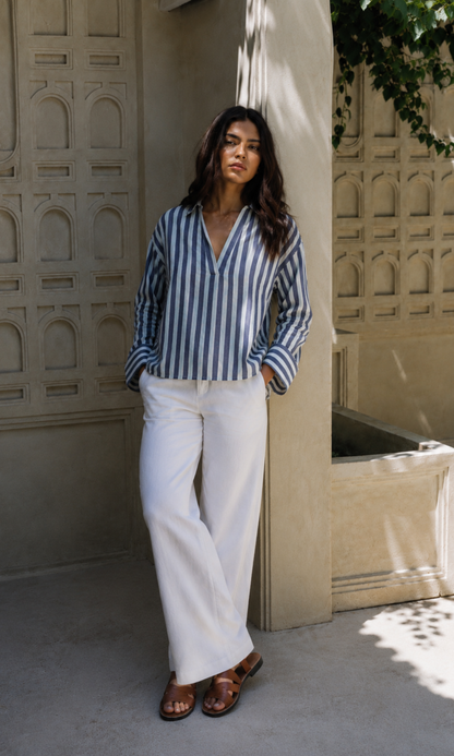 Navy Striped  Open-Collar Top