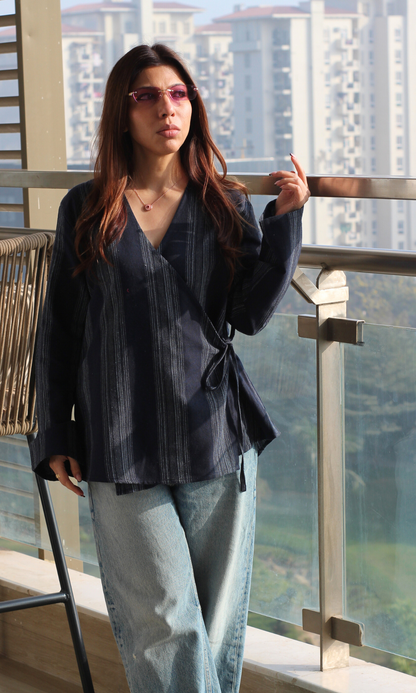 Deep Blue Linear Cotton Kimono Top