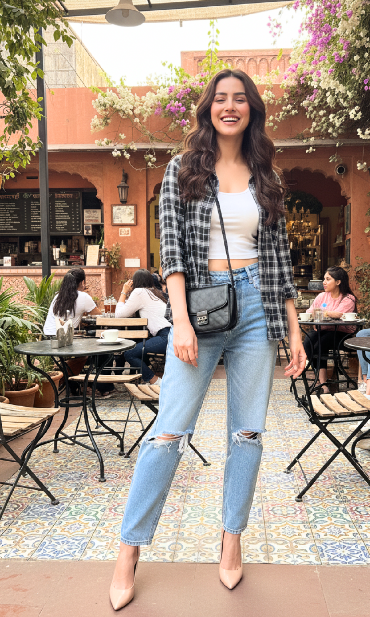 “Black and dark grey block-plaid checked women’s shirt with long sleeves and button-up front — modern twist on classic plaid.