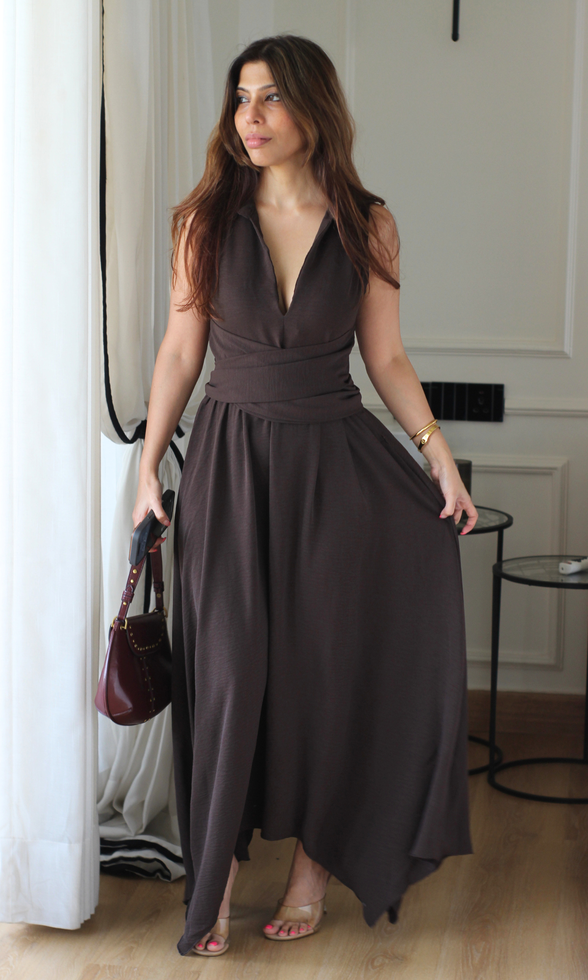 Mocha Wrap Handkerchief Hem Midi Dress