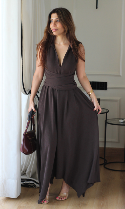 Mocha Wrap Handkerchief Hem Midi Dress
