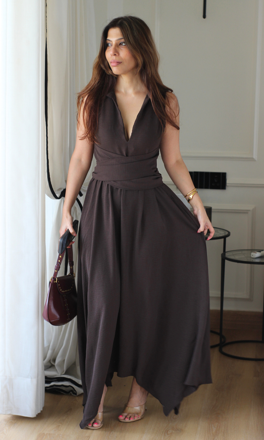 Mocha Wrap Handkerchief Hem Midi Dress