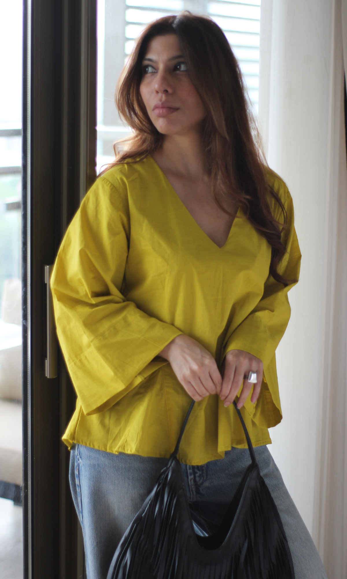 Citrine Yellow V-Neck Peplum Top