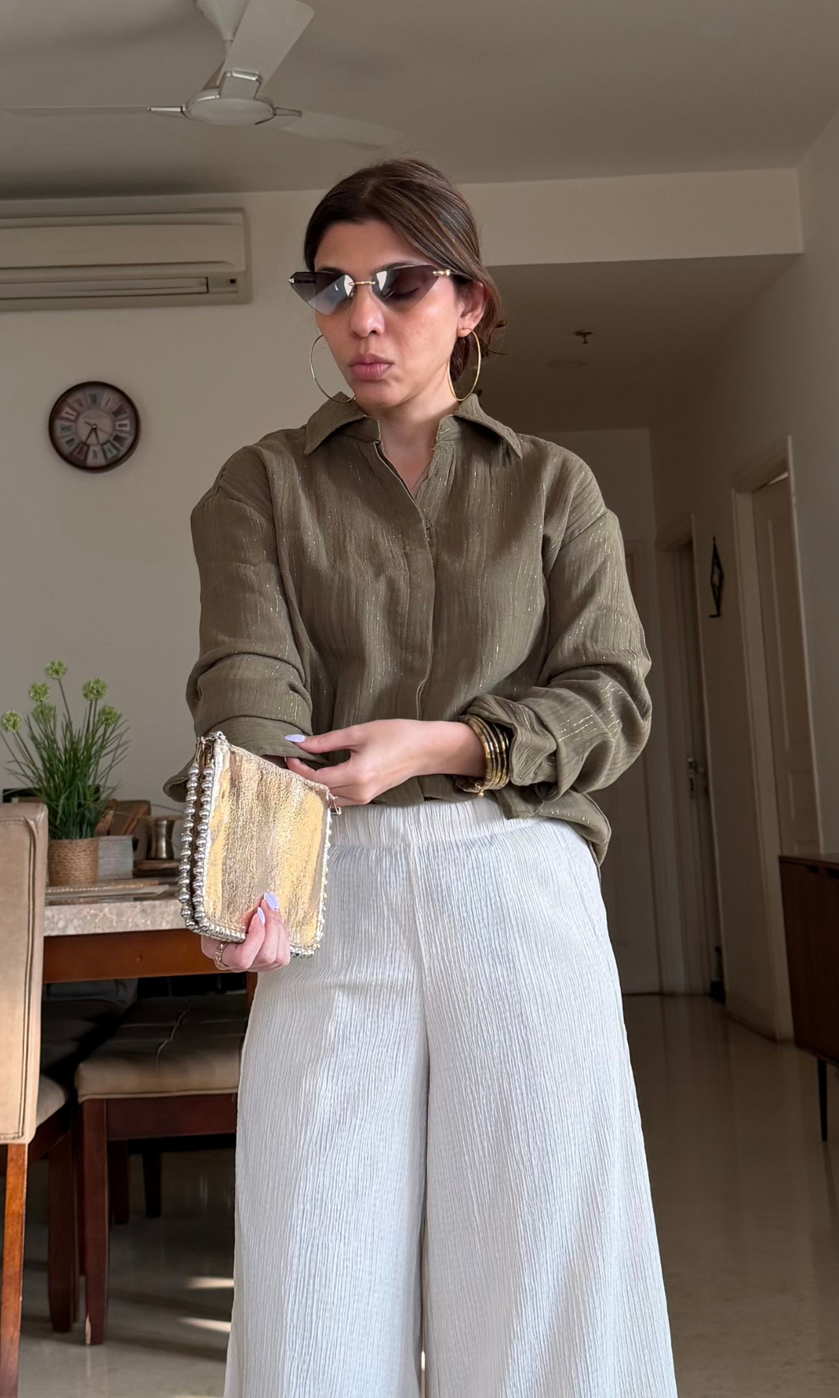 Olive Lurex Flowing Shirt