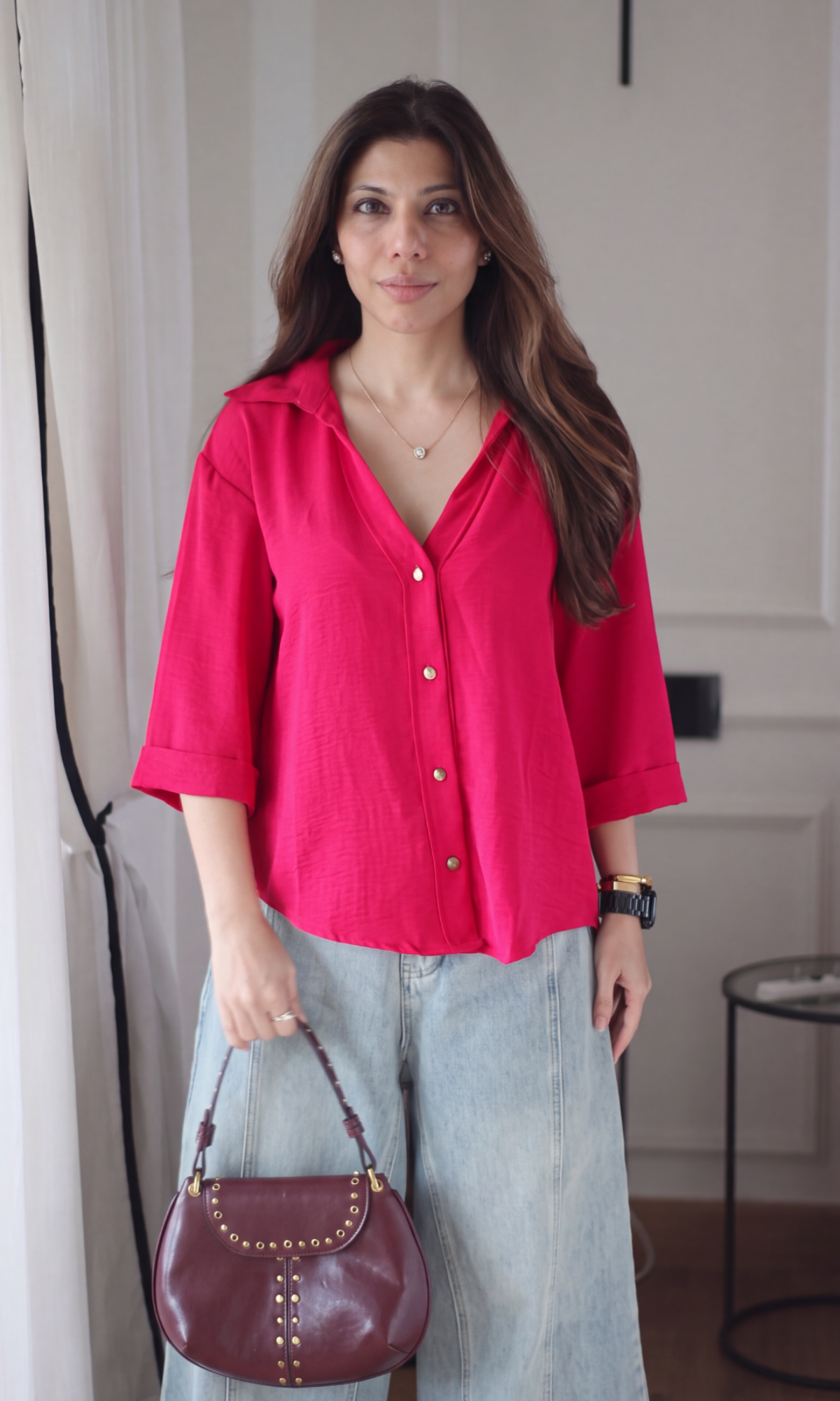 Fuchsia Metallic-Button Boxy Shirt