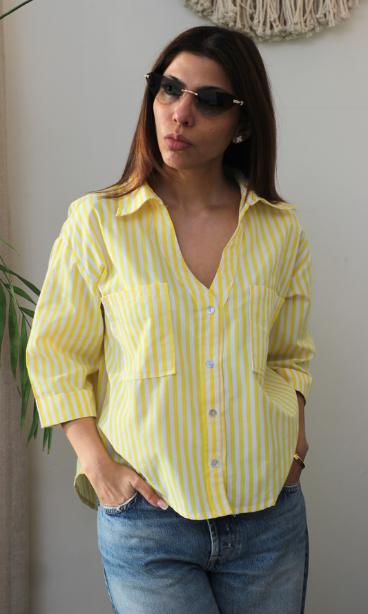 Lime Striped Cotton Cropped Shirt