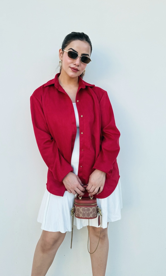Red Suede Metallic Buttoned Shirt
