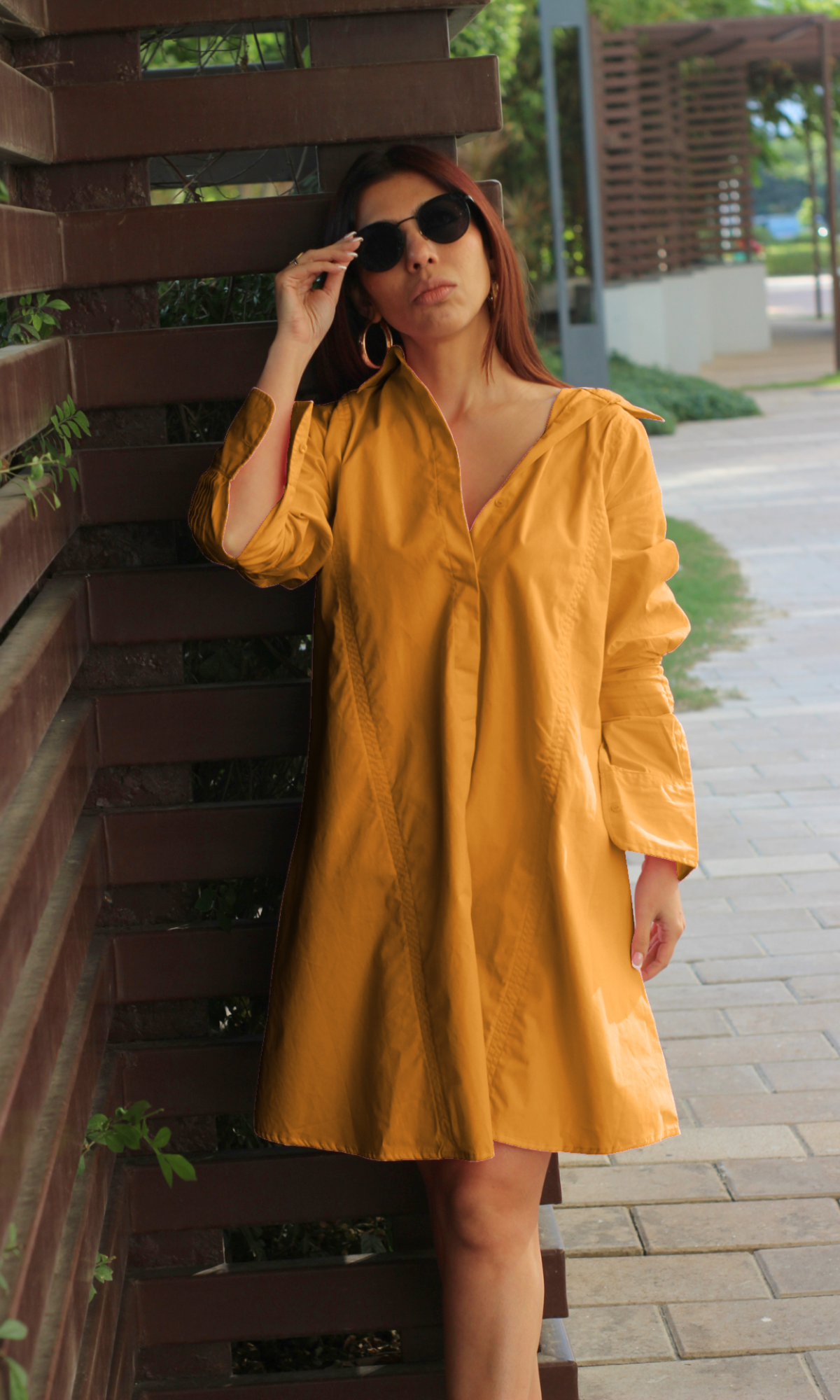 Sunny day outfit featuring a mustard cotton shirt dress with a relaxed fit