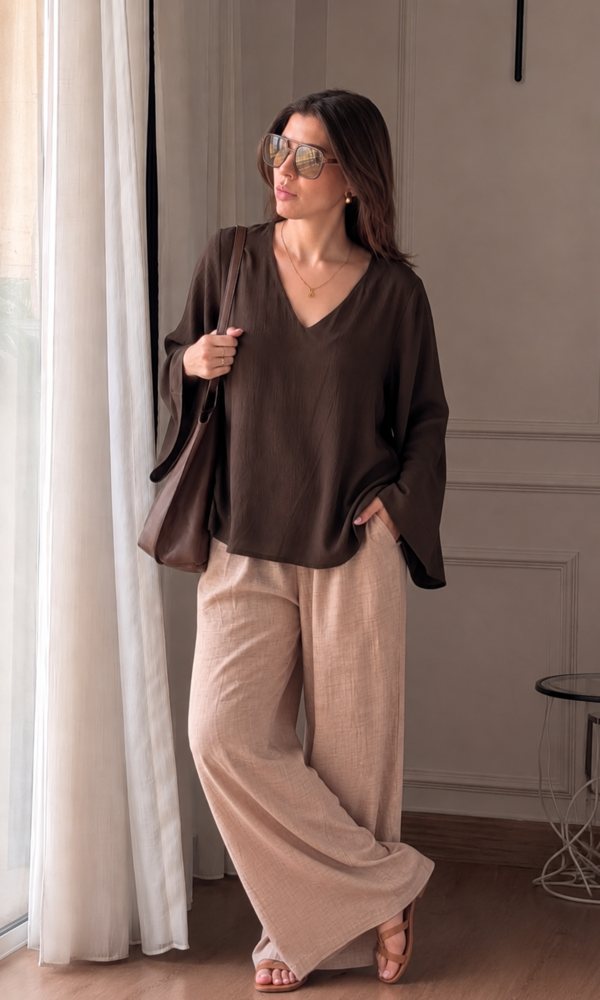 Mocha V-Neck Peplum Top