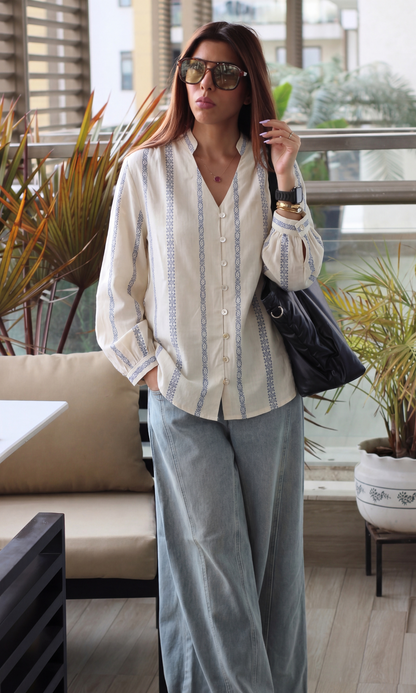 Ivory Blue Weaved Buttoned Top