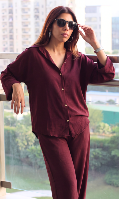 Wine Metallic-Buttoned Shirt and Pants Co-ord