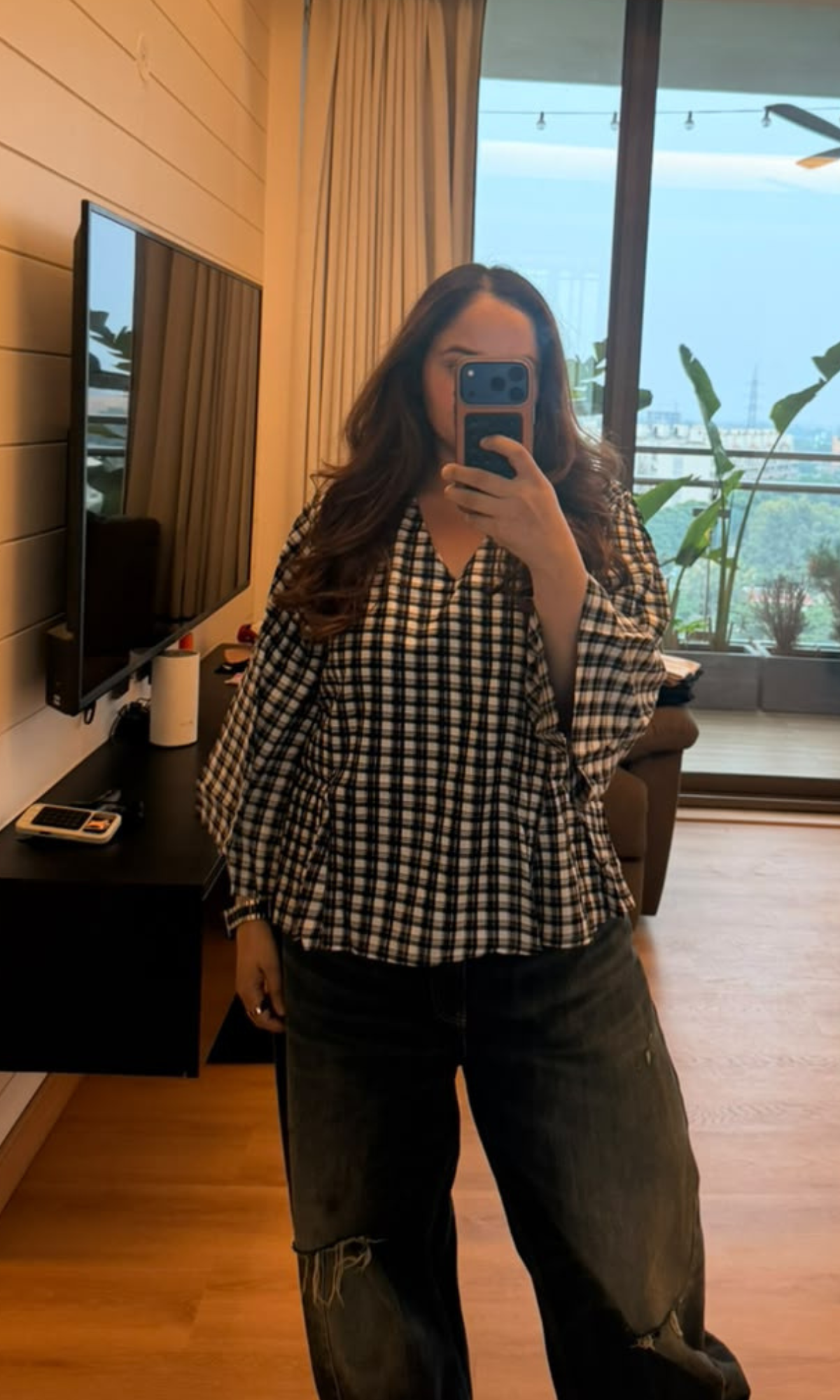 Black Plaid Cotton V-Neck Peplum Top