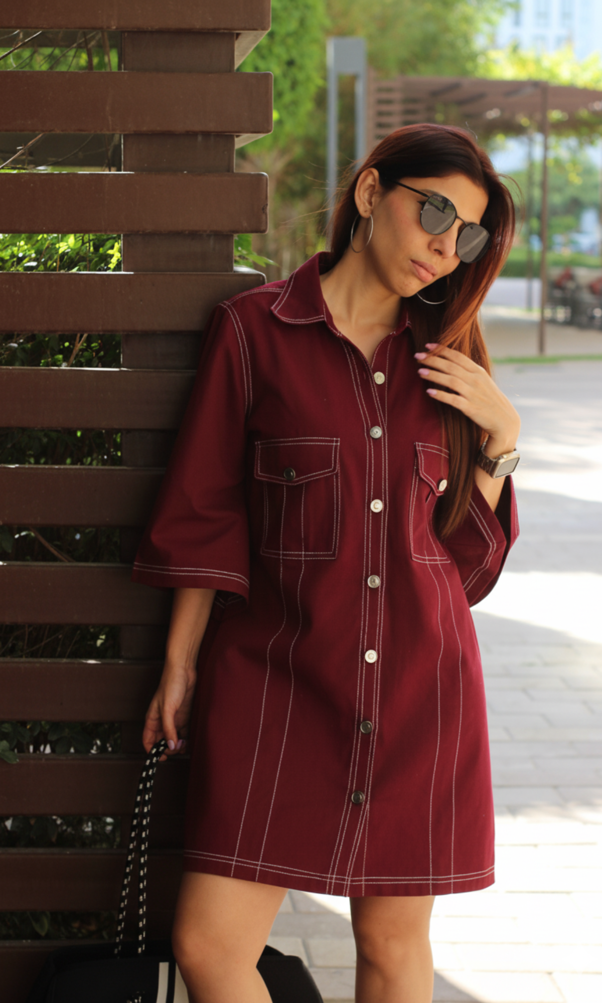 Wine Thread Work Dress