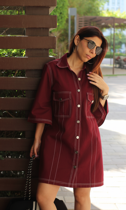 Wine Thread Work Dress