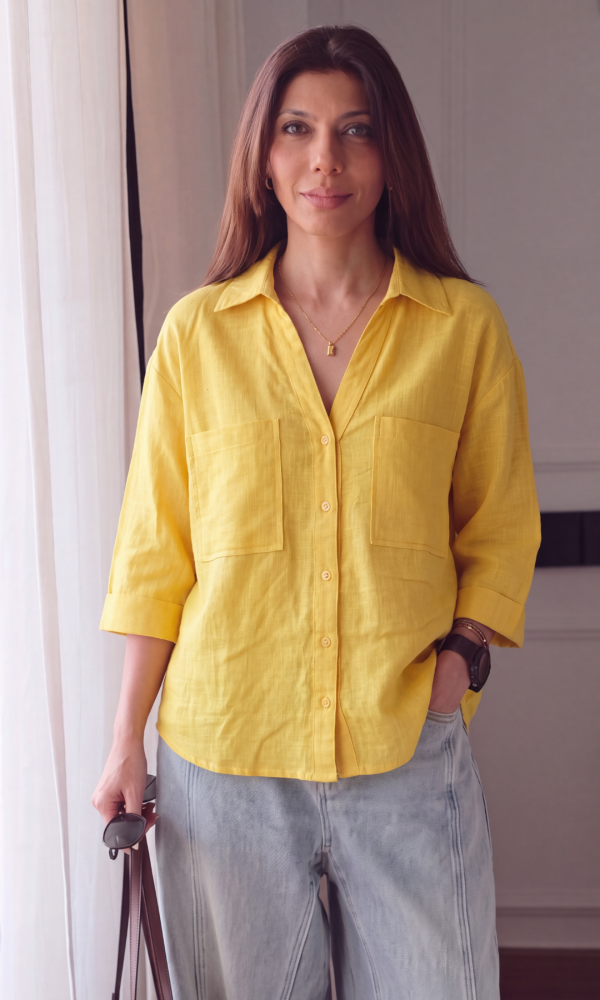 Mustard Textured Cotton Cropped Shirt
